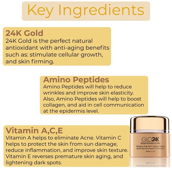 NIB GLO24K Timeless 24k Anti-Aging Cream w/24k Gold, Amino Peptides & Vit A C &E - Picture 4 of 6